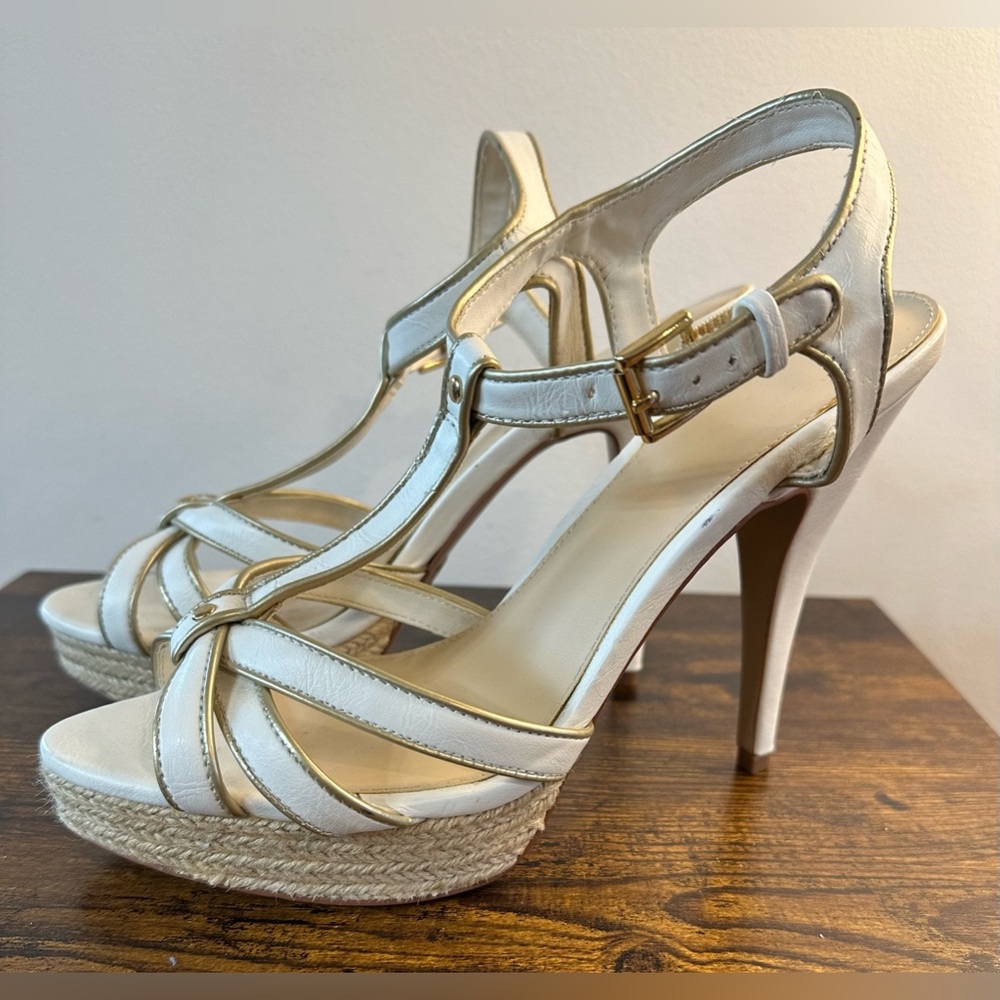 Elle Cream And Gold Ankle Strap Heels Size